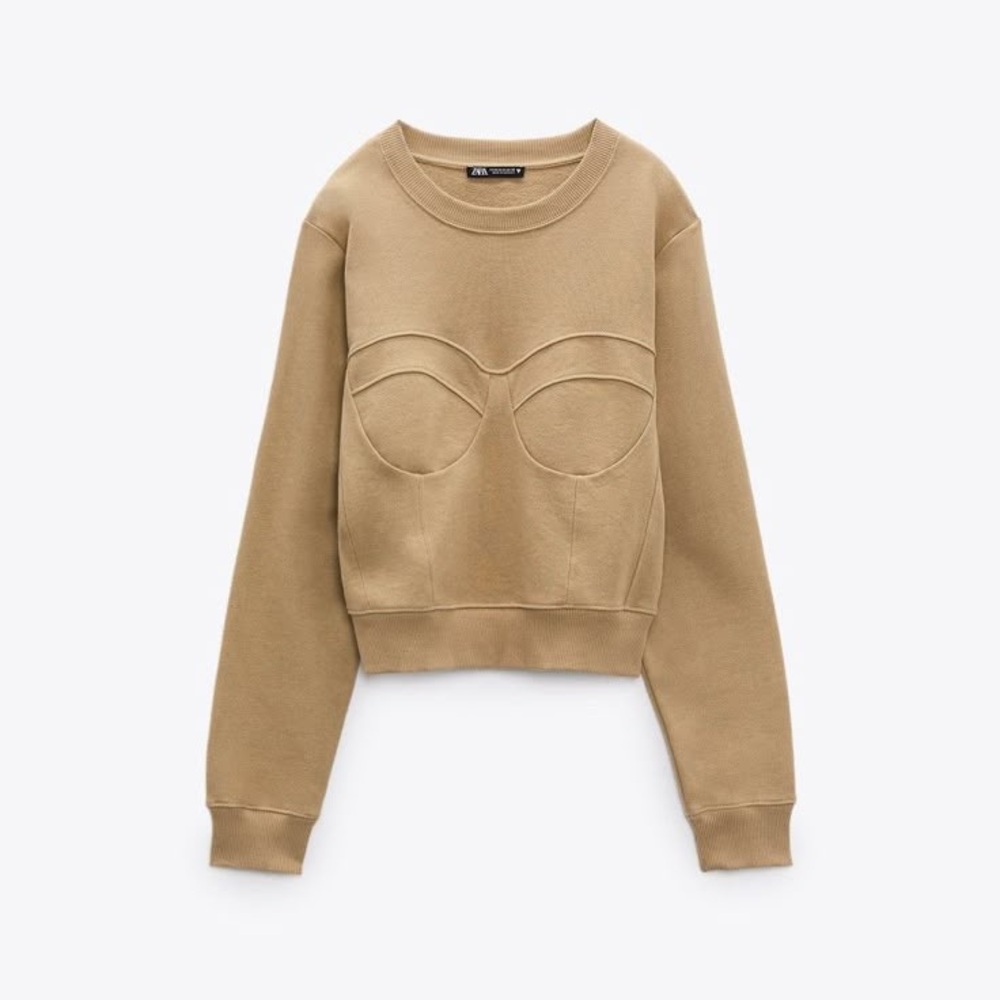 Zara Bustier Stitch Sweatshirt Beige Crewneck Cotton Size S Neutral - Picture 4 of 8